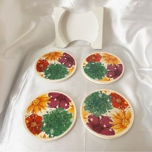 Heavy Ceramic cork top floral print drink coaster set with caddy. 4 pc. set